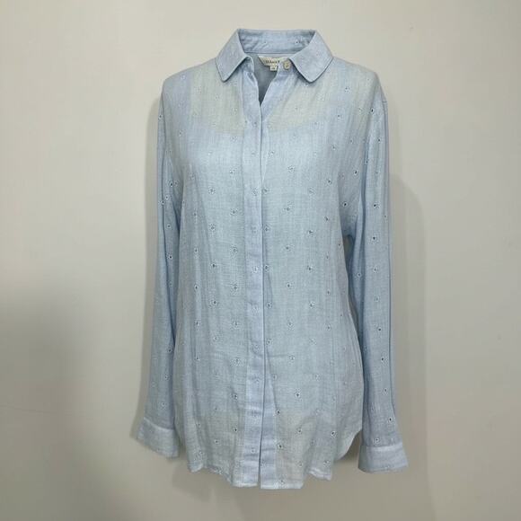 DONCASTER Blue Linen Silk 2pc Layered Top Set Sz 18 Cottage Preppy Eyelet Sheer - Picture 2 of 16
